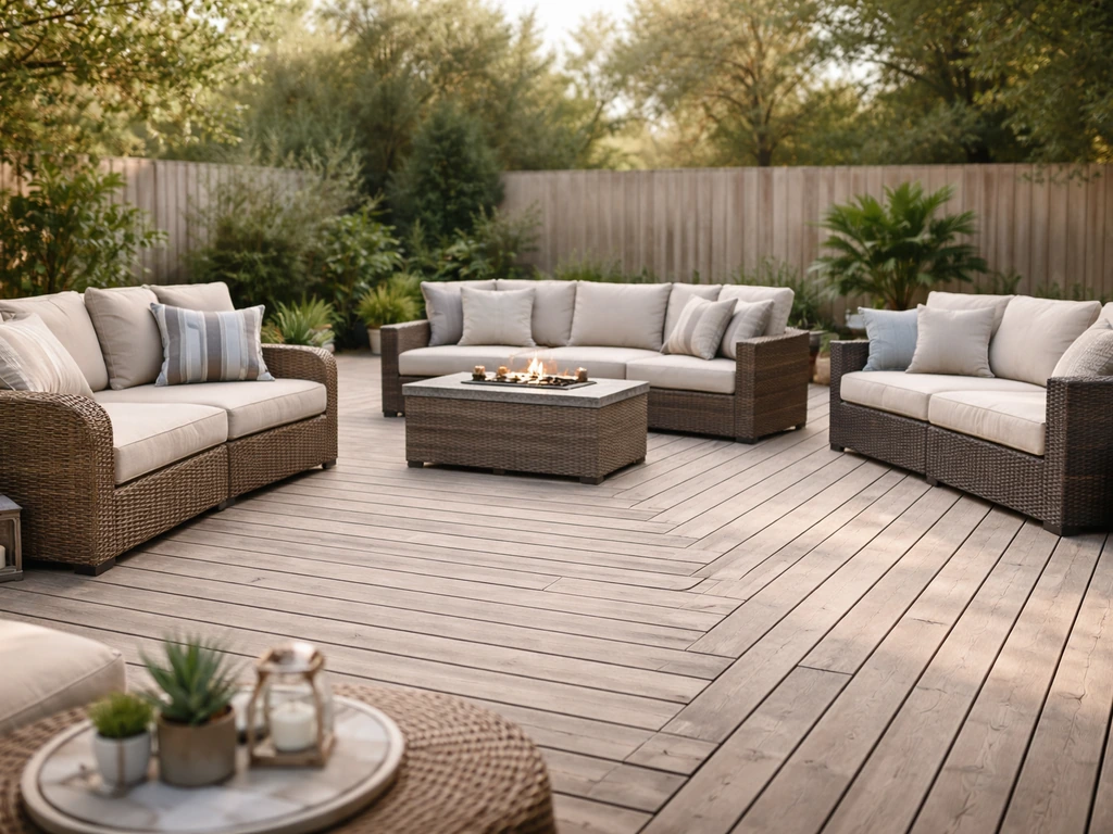 Outdoor patio with three distinct sectional seating arrangements in neutral tones, plush cushions and deck background.