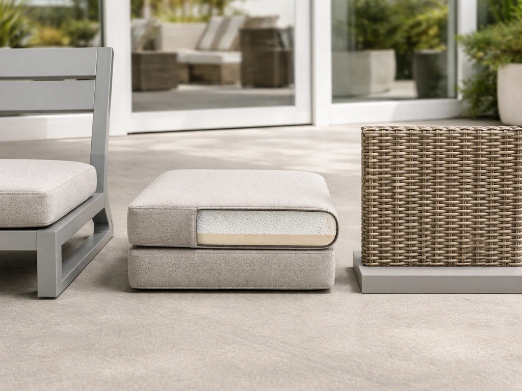 Minimal outdoor furniture showroom scene with three unlabeled sample cushions and wicker frames for comparison.