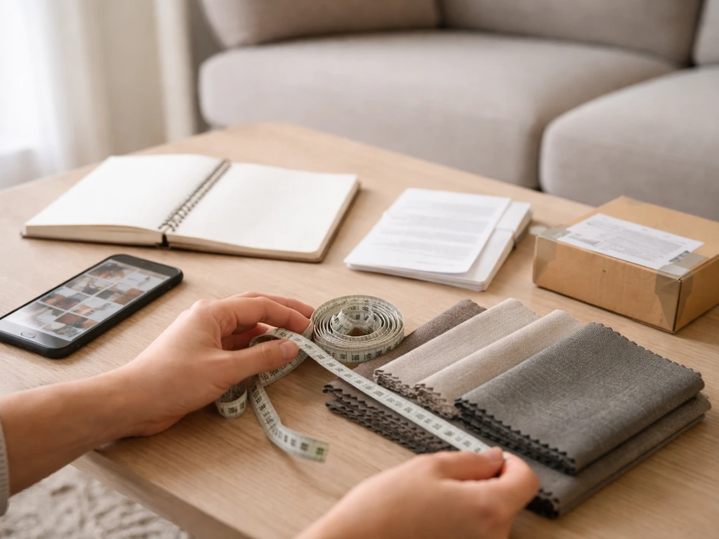 Hands using a measuring tape beside blank checklist pages, warranty card, and a phone on a tidy table.