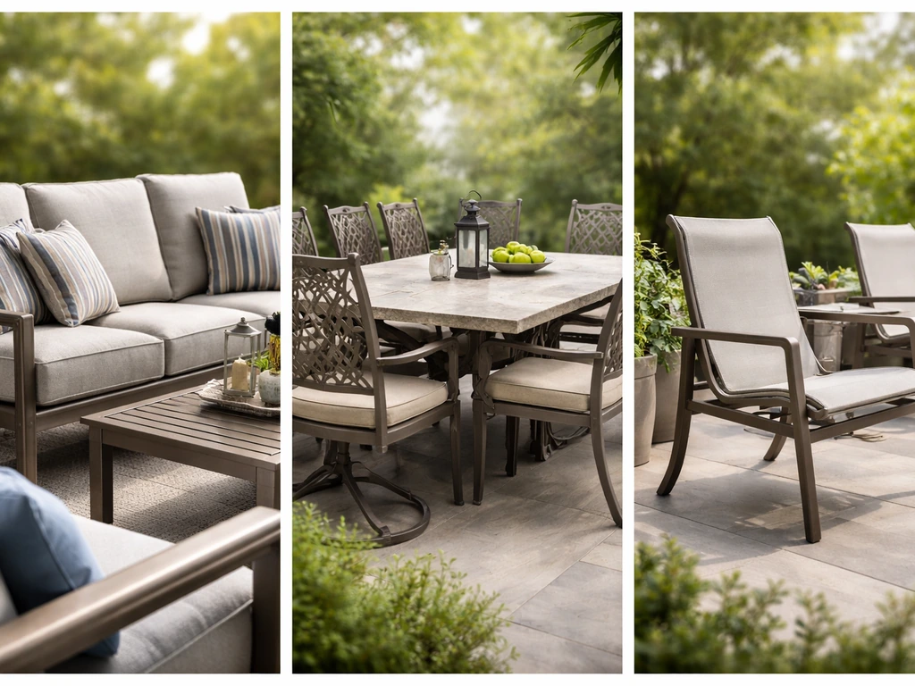 Close-up of outdoor furniture set groupings showing deep seating, dining, and sling seating styles.