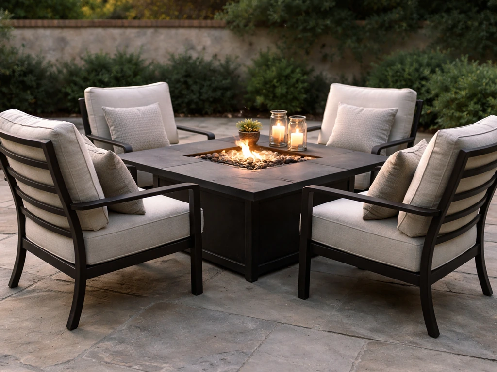 Outdoor formal dining chat set with a built-in firepit table in a calm patio setting