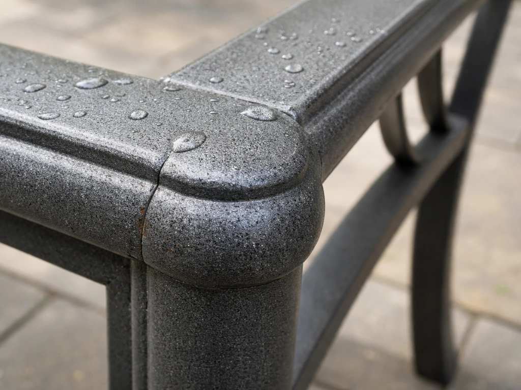 Close-up of a powder-coated aluminum patio furniture frame with subtle weathering detail