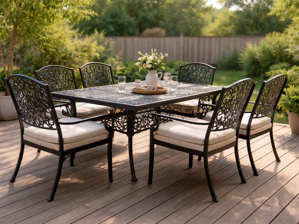 Lark Manor-style Alyah metal patio dining set on a quiet deck with soft daylight