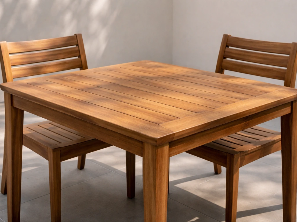 Outdoor dining set with warm wood tabletop and chairs, showing finish and material texture