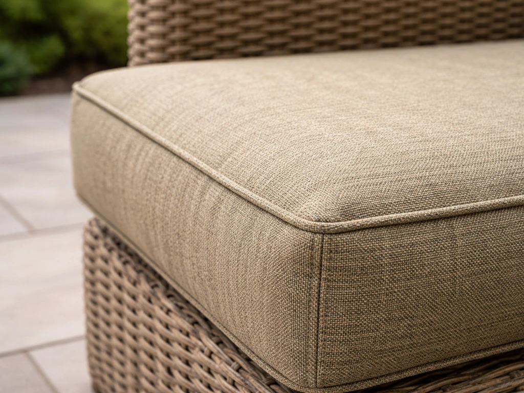 Close-up of thick outdoor cushion beside weather-ready wicker, showing fabric texture and comfort.
