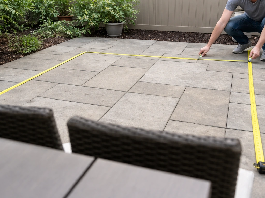 Tape measure held on a patio paver surface aligned to a dining set footprint for size spacing.