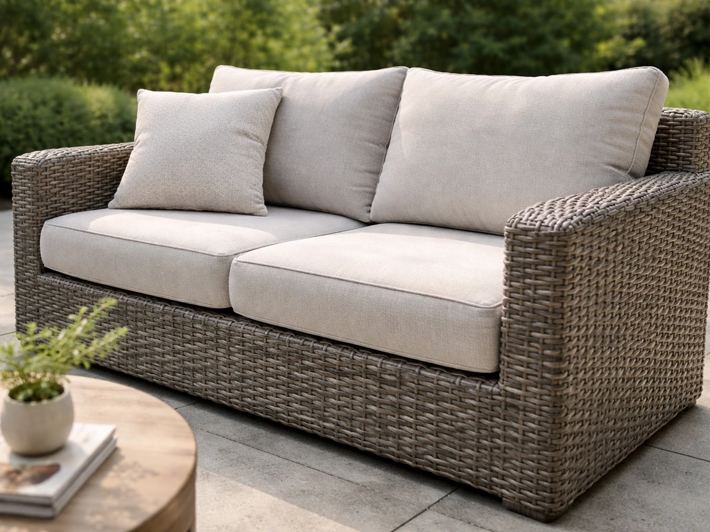 Close view of all-weather wicker patio furniture on an outdoor patio, showing comfort cushions and resin weave texture.