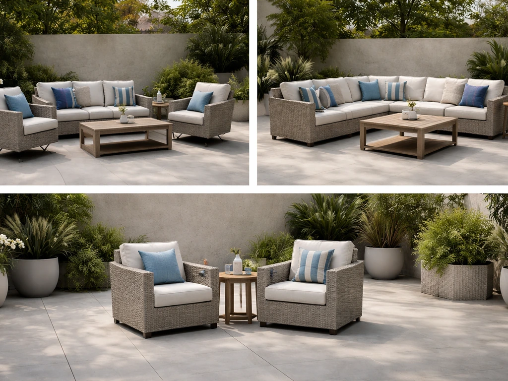 Outdoor patio showroom showing three distinct furniture set layouts side by side.