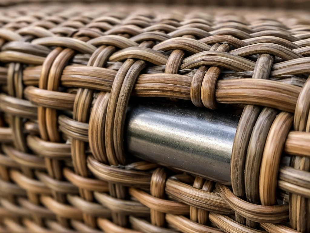 Close-up of rust-proof steel frame beneath resin wicker weave on an outdoor sofa