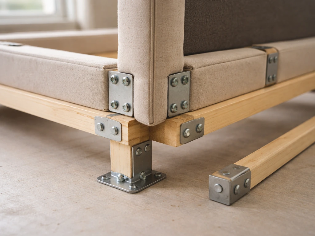 Close-up of furniture hardware showing bolts, plates, and base bar connection points on a wooden frame.