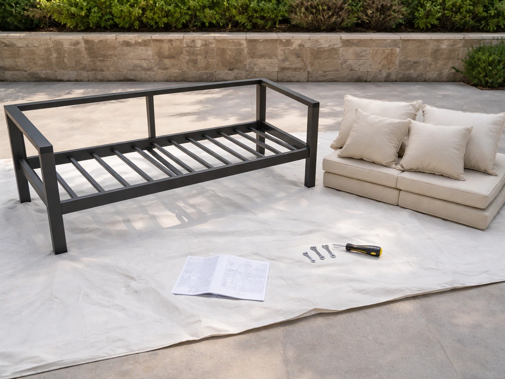 Outdoor patio furniture partially assembled with tools and instruction sheet on a clean tarp.