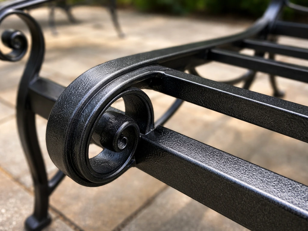 Close-up of a powder-coated wrought iron patio furniture frame showing durable finish and texture
