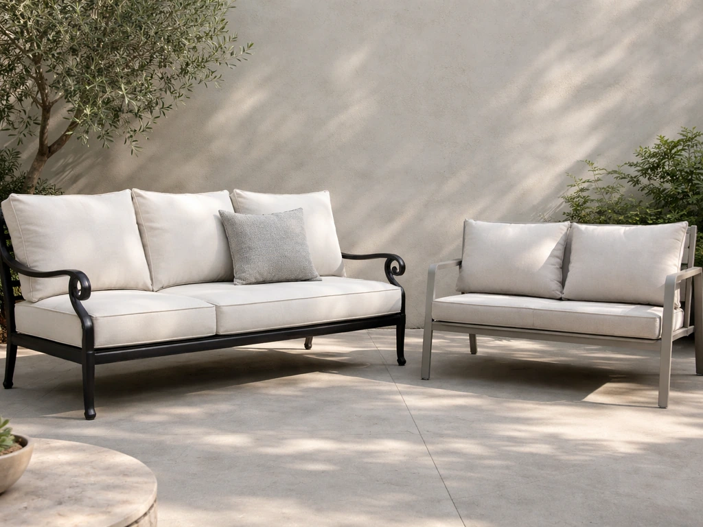 Side-by-side outdoor terrace furniture: wrought iron deep-seating sofa with cushions beside a lighter sling loveseat.