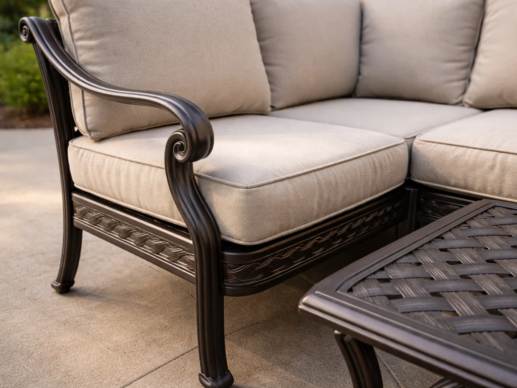 Close-up of cast aluminum Delphi outdoor seating with basketweave seat and attached cushions