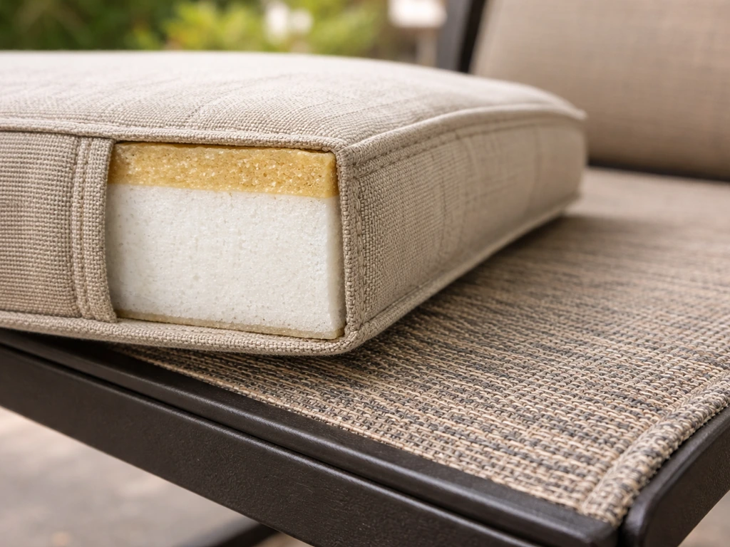 Close-up of patio cushion foam thickness, stitching, and woven sling fabric texture.