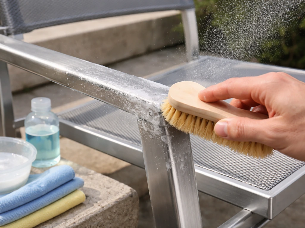 Patio aluminum furniture frame being gently cleaned with mild soap, soft brush, and water spray.