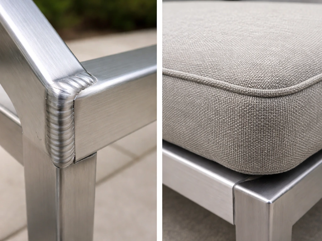 Close-up of a fully welded aluminum frame joint beside a cushioned, textured seat upholstery.
