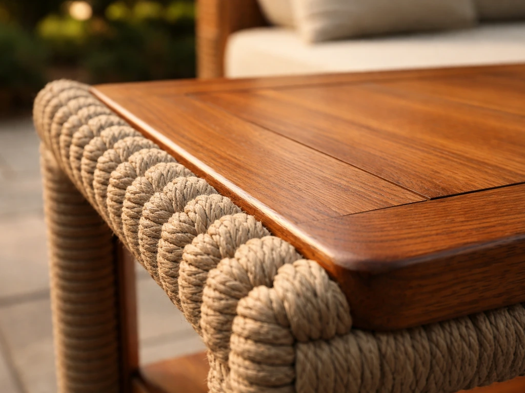Close-up of sealed teak surface and rope weave texture under warm outdoor lighting