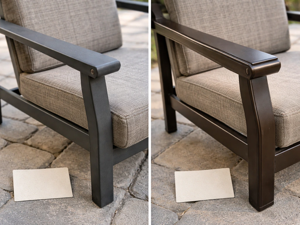 Two pricing-style tags beside patio furniture frames suggesting value comparison between mass-market and premium