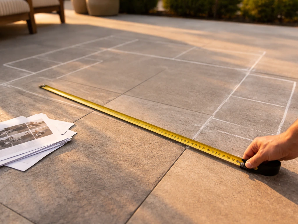Measuring tape and notes on a patio floor as someone checks sectional dimensions for fit.