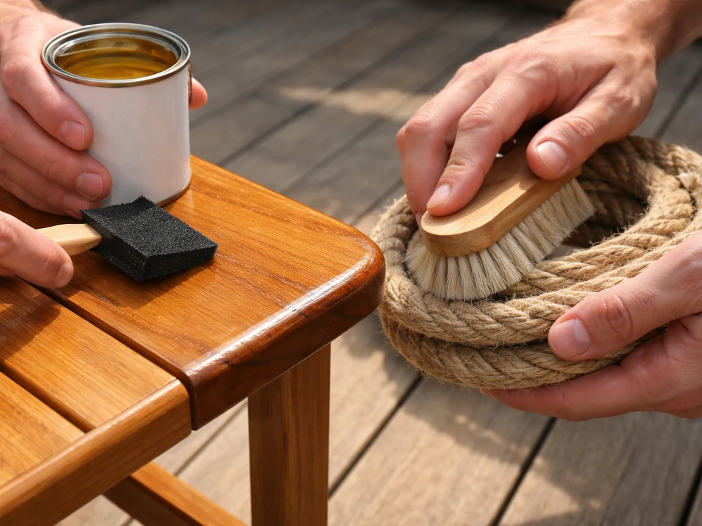 Hands applying teak protector to a teak edge while brushing a nearby rope with a soft bristle tool.