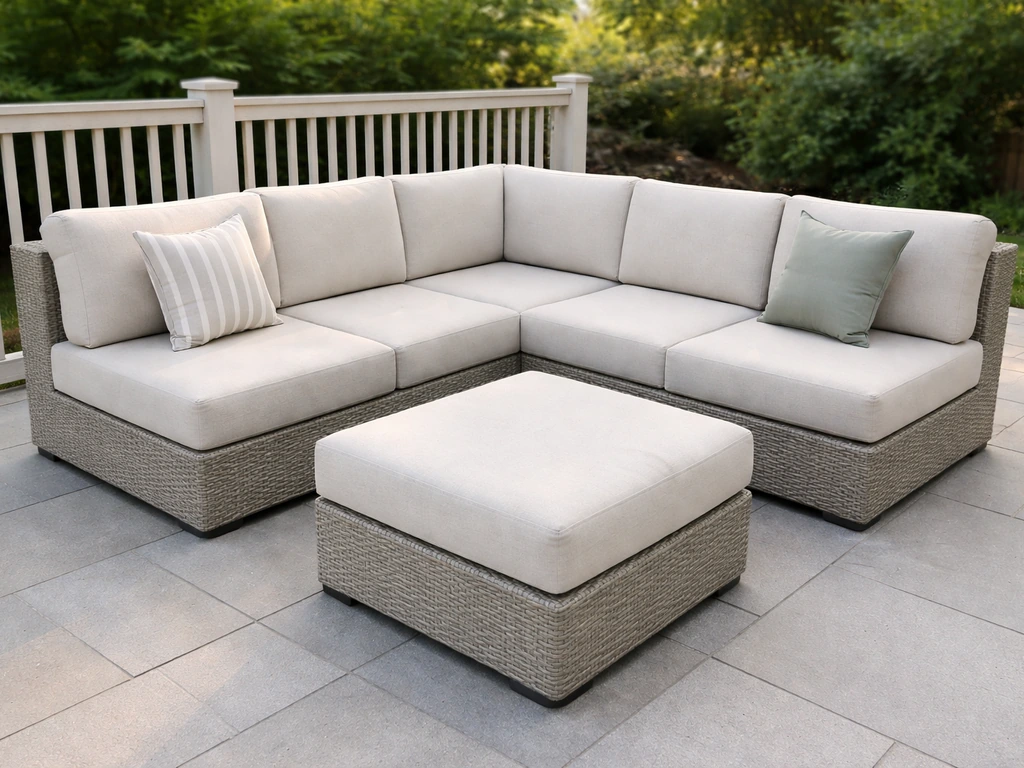 Outdoor patio with a neutral modular sectional conversation set and ottoman in a simple layout