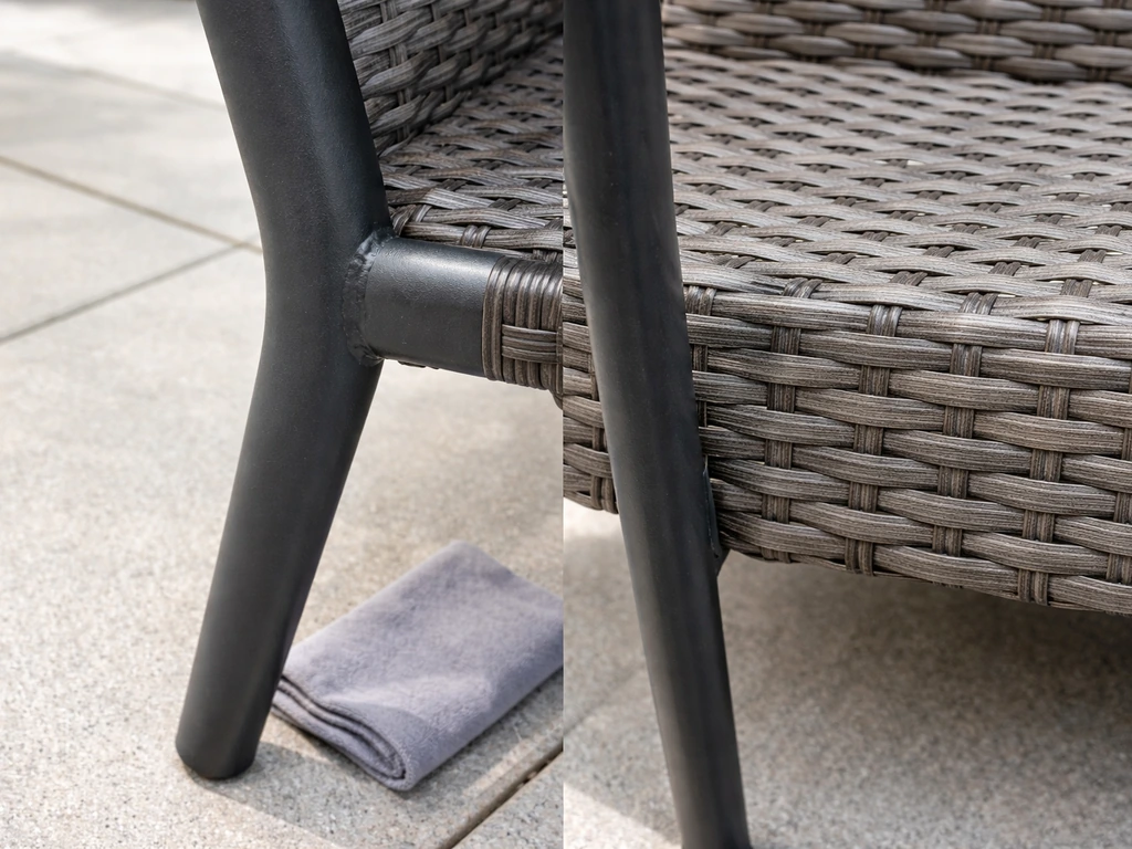 Close-up of an outdoor chair showing powder-coated steel frame and PE resin wicker side by side.