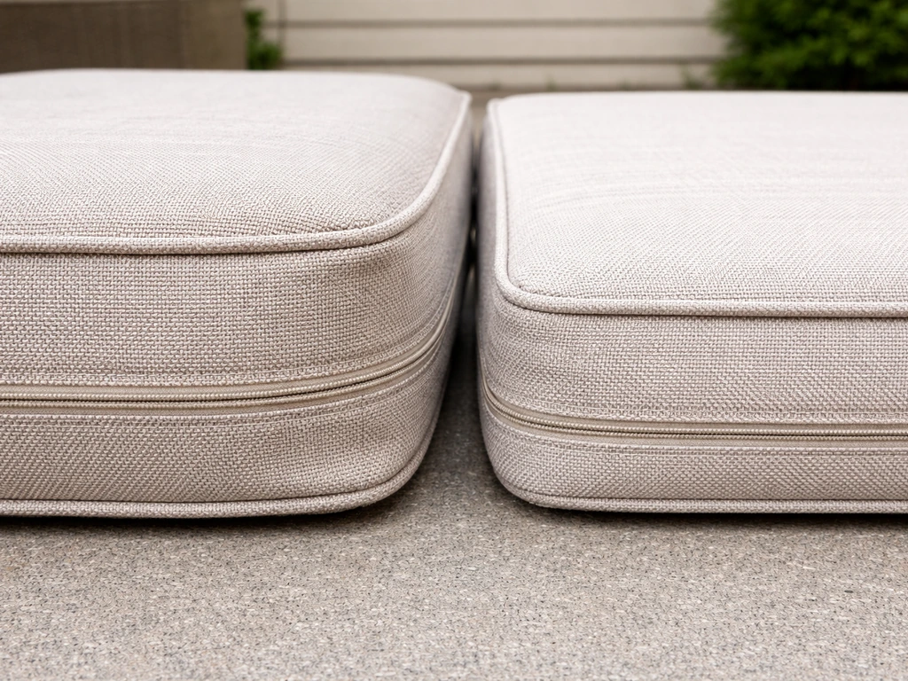 Close-up of patio chair cushions with thick foam and visible stitching/zipper details side-by-side.