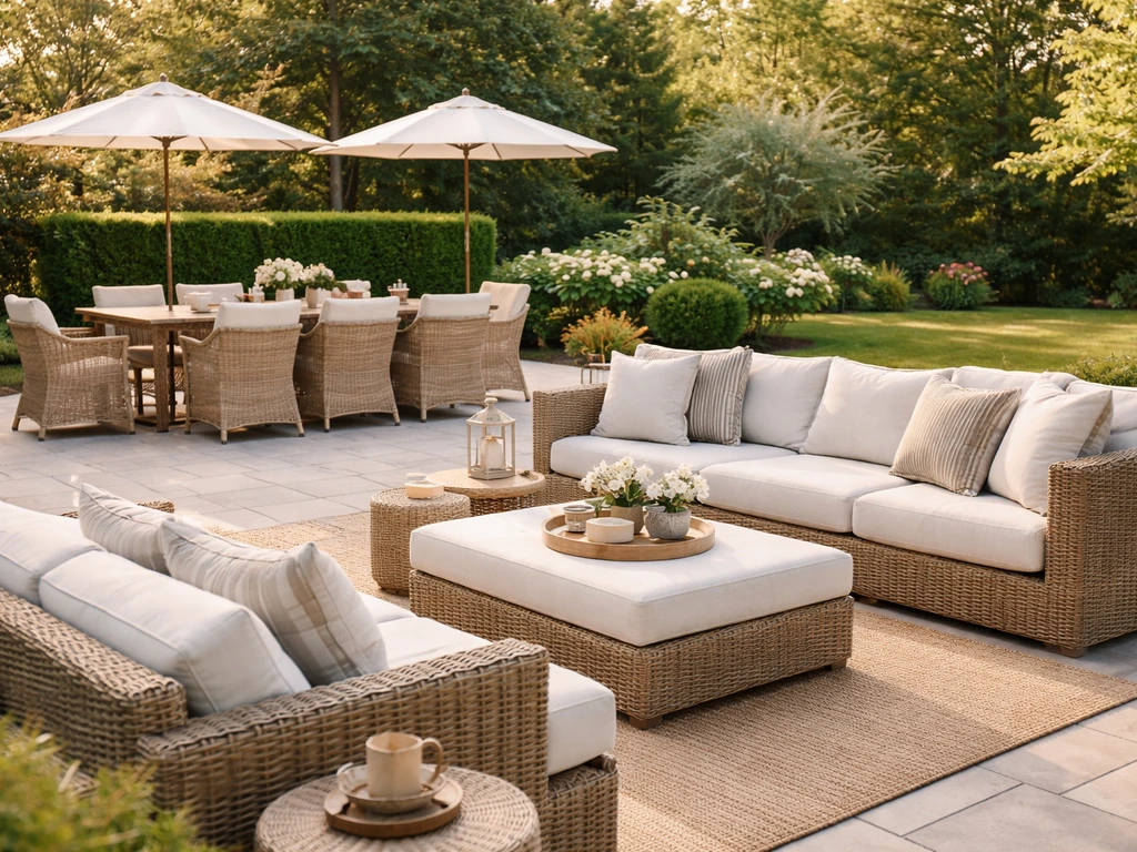 Upscale outdoor patio with dining table and lounge seating in neutral cushions, warm natural light.