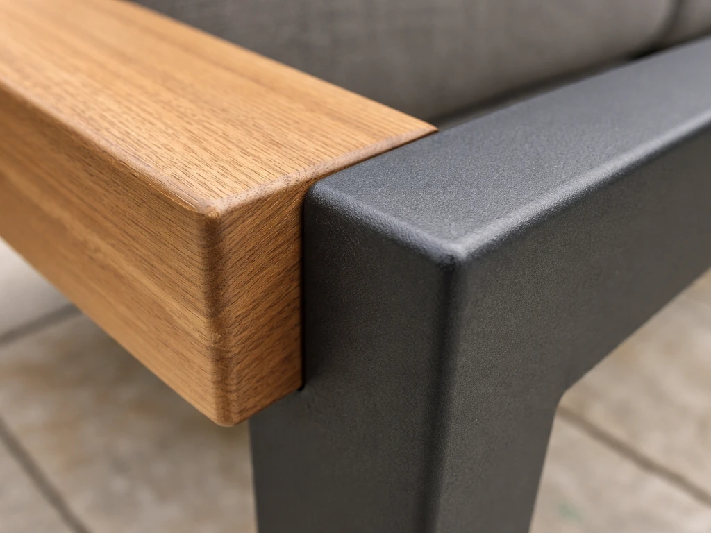 Close-up of solid teak and matte aluminum patio furniture joinery with detailed wood grain and finish texture.