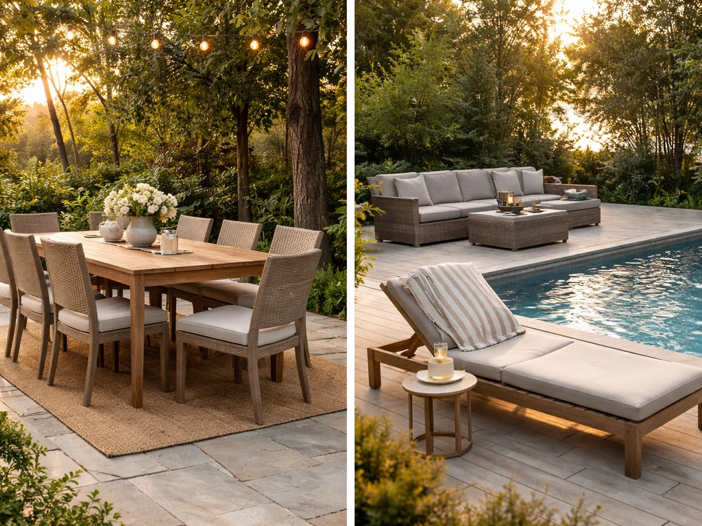 Split patio scenes showing an outdoor dining set and a lounge chaise/sectional by a pool deck.