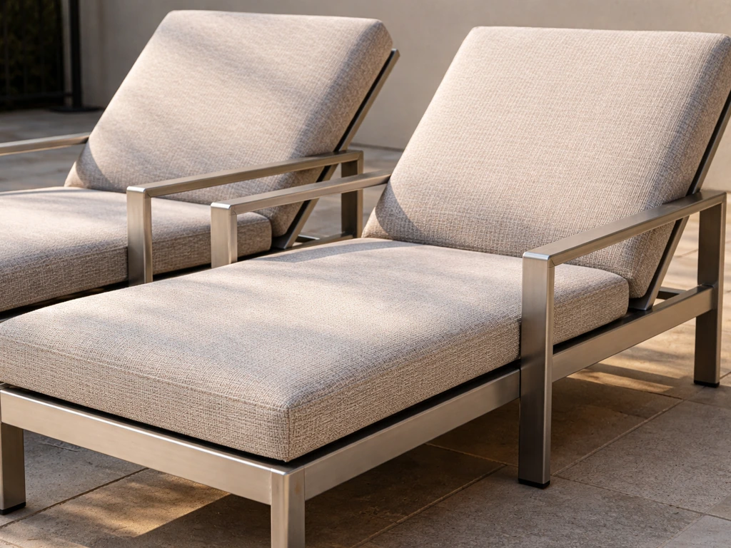 Sunlit patio close-up of aluminum-framed lounge chairs with textured, sun-resistant cushions.