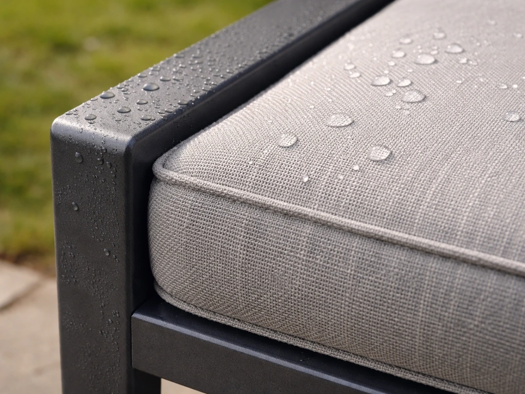 Close-up of an outdoor aluminum chair frame and cushion with visible water beading on fabric