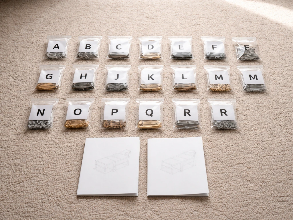 Lettered furniture parts and manuals laid neatly on a carpeted floor for an inventory check.