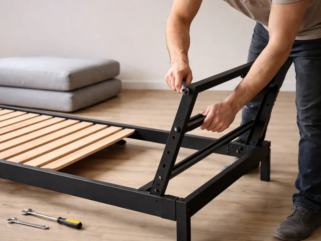 Hands assembling a chaise lounge frame and placing the seat and cushions in order on a clean floor.