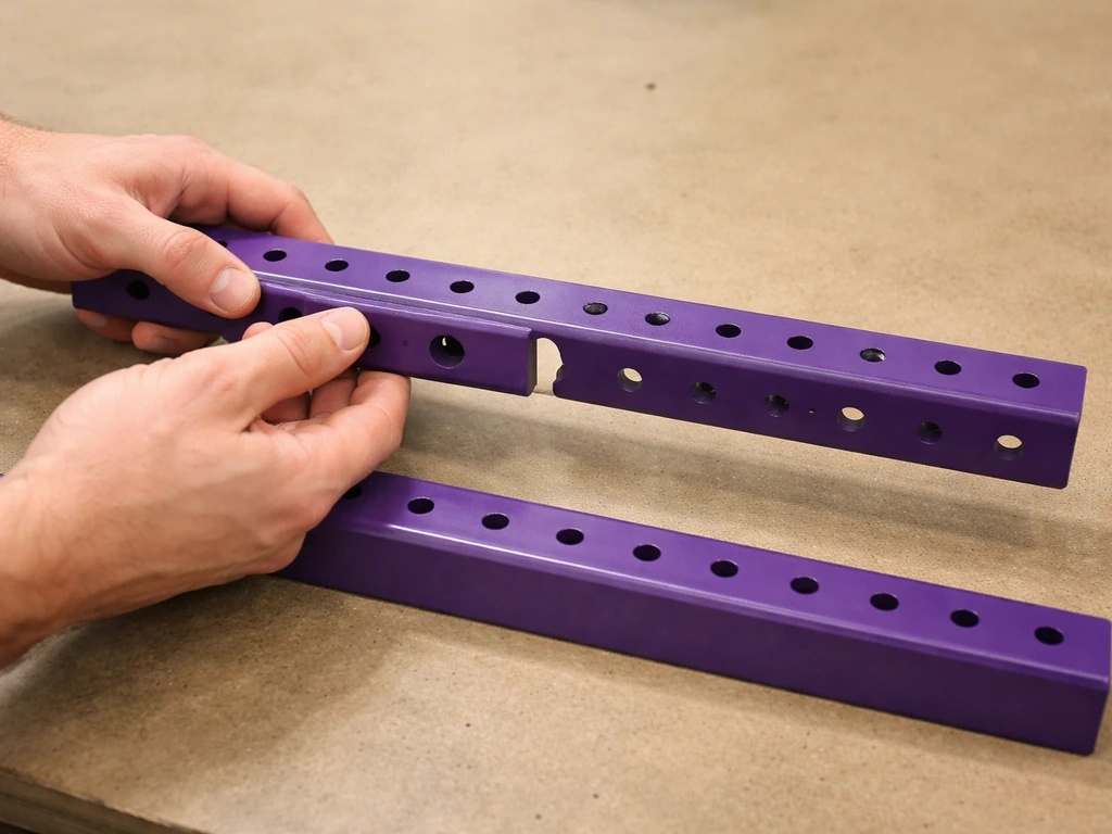Hands flip a purple frame rail on a workbench to fix misaligned drilled holes.