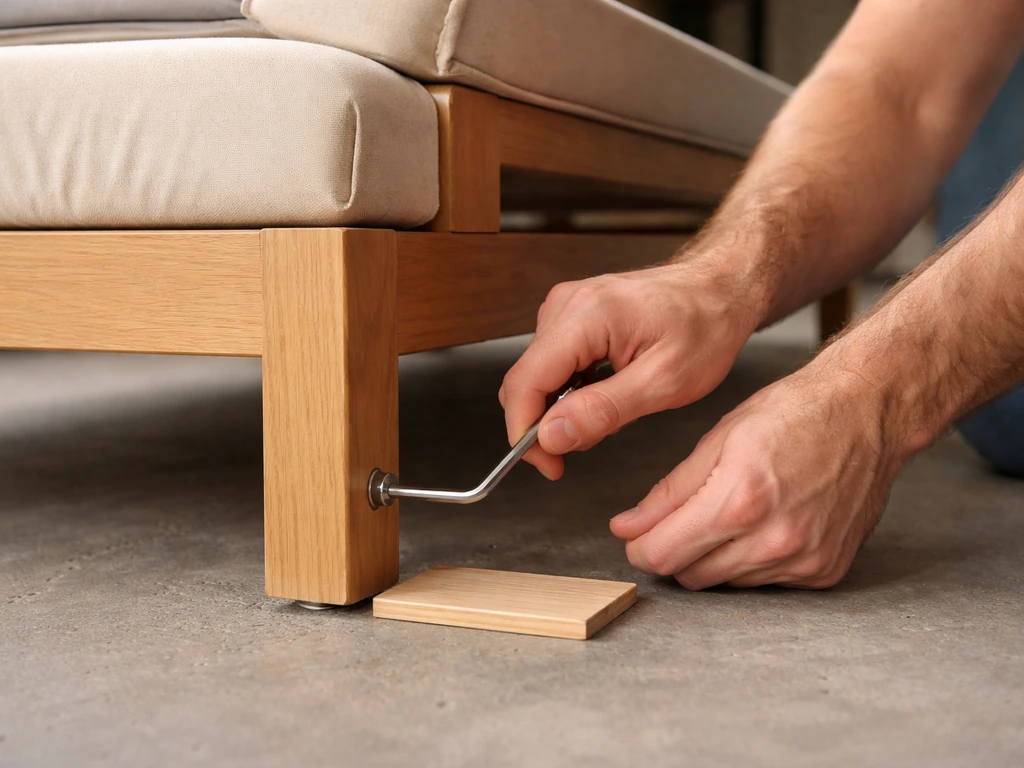 Hands re-checking bolts with a hex key on a chaise frame while a leg is leveled on a small shim.