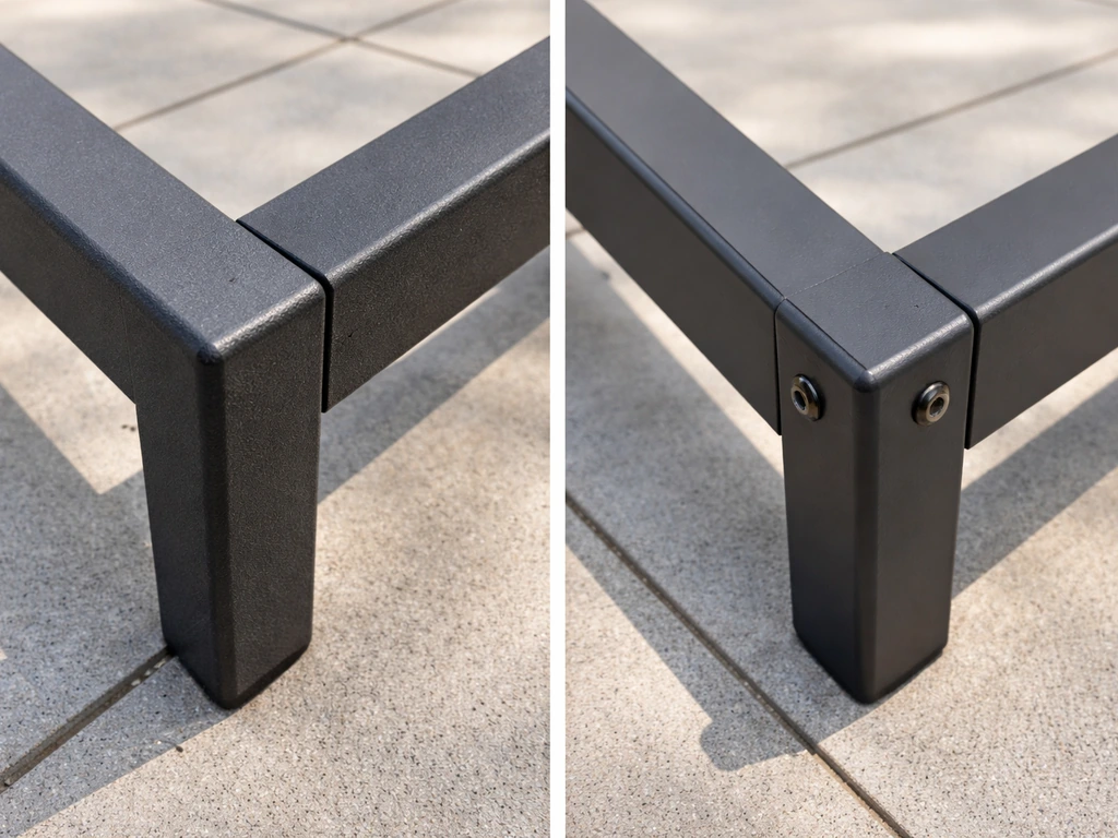 Close-up of two patio furniture frame materials, showing powder-coated steel texture and an alternate frame finish