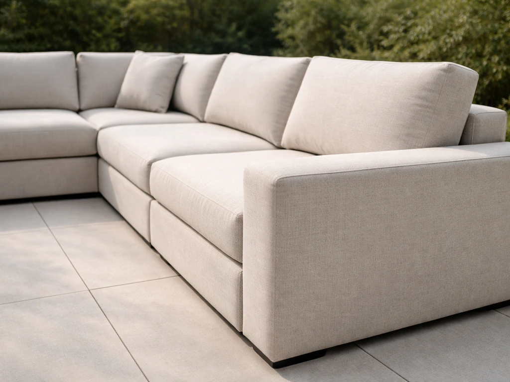 Outdoor sectional couch close-up showing wide armrests, supportive backrest, and modular cushion layout.