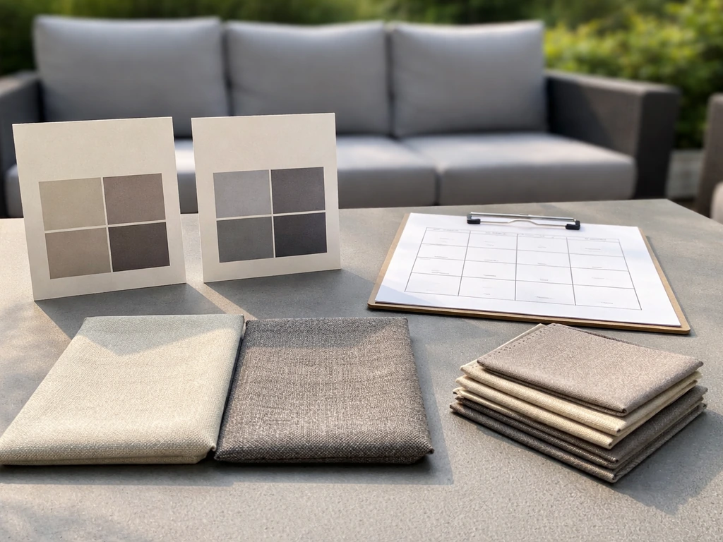 Minimal outdoor patio setup with upholstery swatches, blank tier cards, and an empty grid comparison layout.