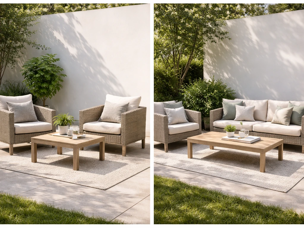 Side-by-side photos of an outdoor conversation set and a separate outdoor lounging sofa set.