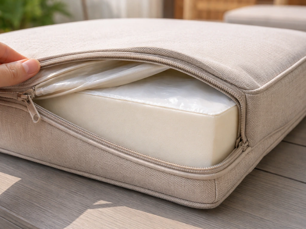 Close-up of a cushion cover edge and zipper, showing fabric texture, thickness, and foam fill.