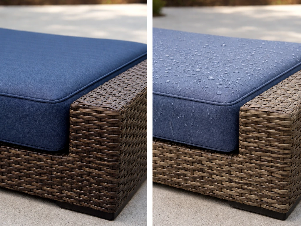 Two side-by-side patio cushions and PE wicker showing subtle sun-fading and light moisture beading after exposure.