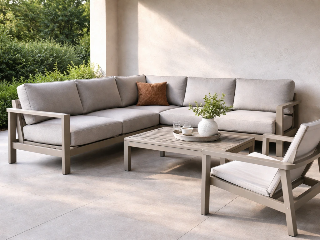 Modern deep-seating patio set on a covered terrace with cushions, showing durable premium comfort.