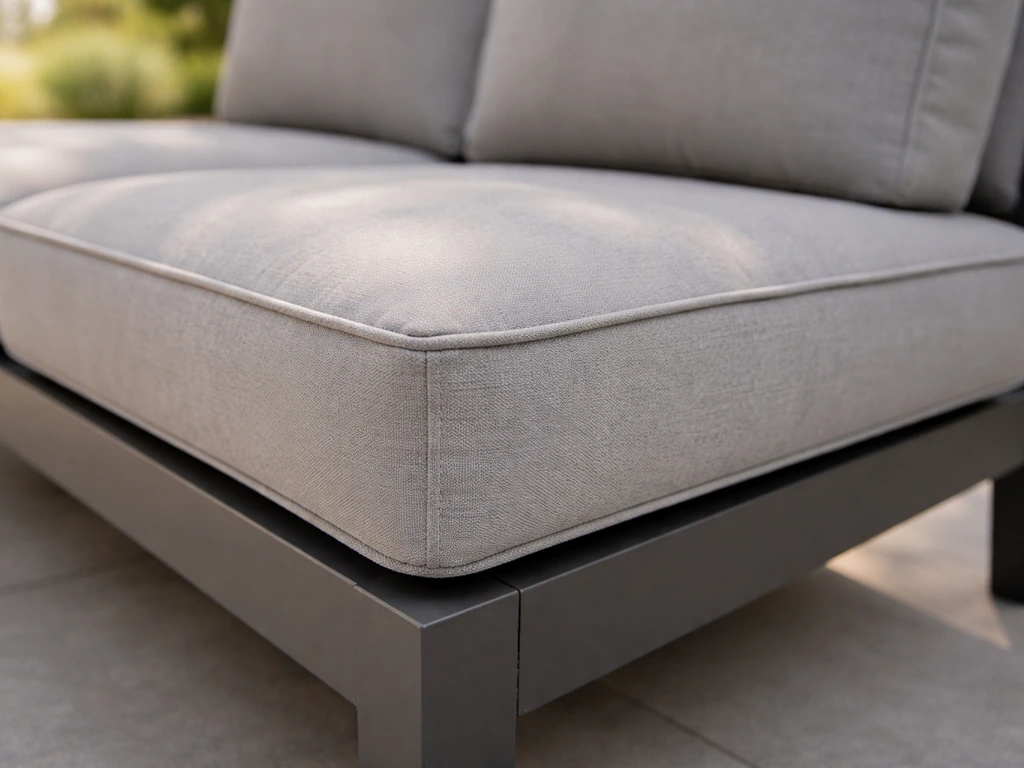Close-up of modern patio chair cushions showing firm support and clean upholstery stitching.