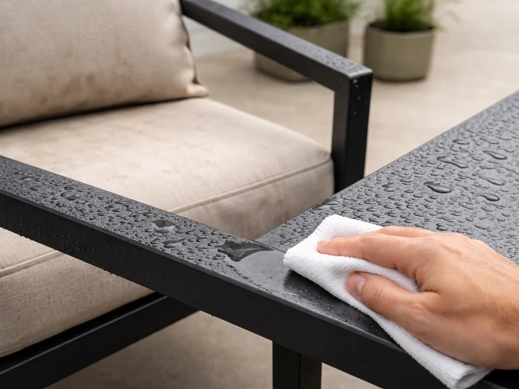 Powder-coated patio furniture with rainwater beading and a hand wiping lightly weathered metal clean.