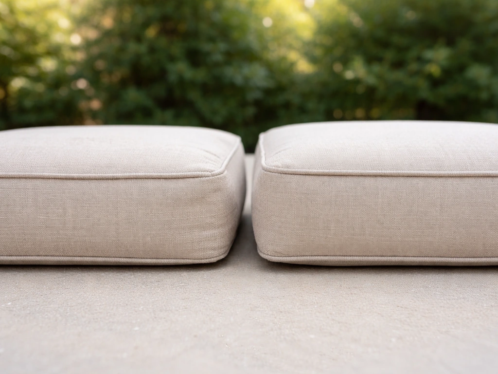 Close-up of outdoor sofa cushions showing firm support and slight compression with natural texture detail.