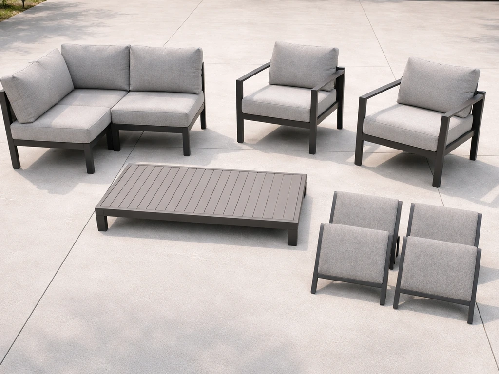 Minimal tabletop scene showing patio furniture pieces arranged to compare conversation and dining set components.