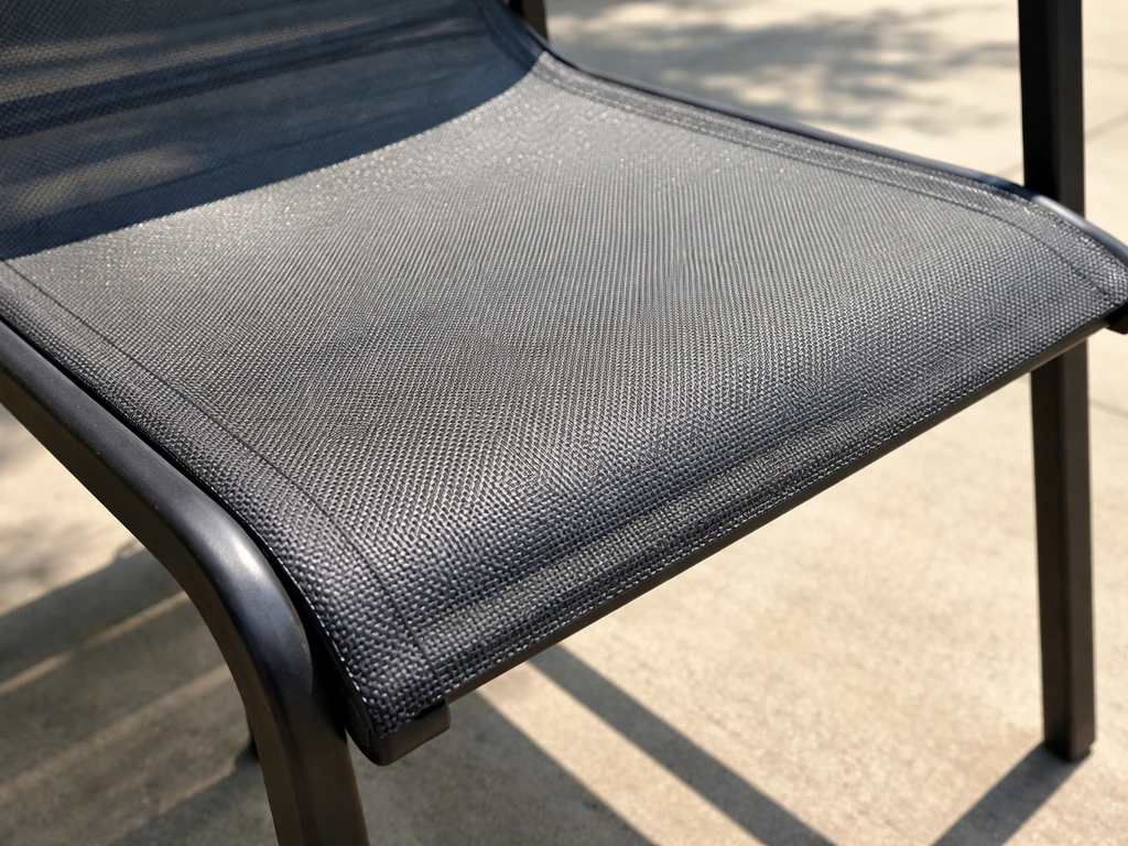 Close-up of a chair seat’s Textilene/PVC-coated mesh tensioned on a frame, showing texture and durability.