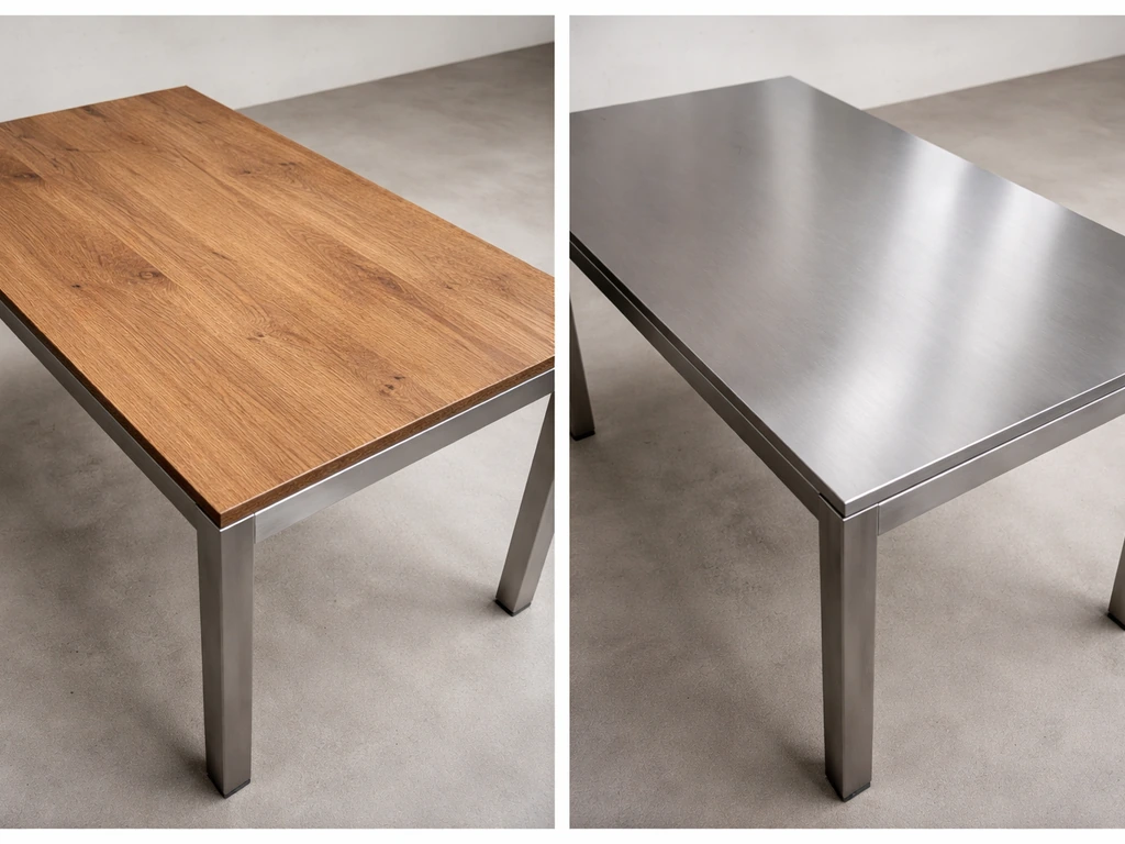 Side-by-side view of a wood-look tabletop on steel frame versus a smooth all-metal tabletop.
